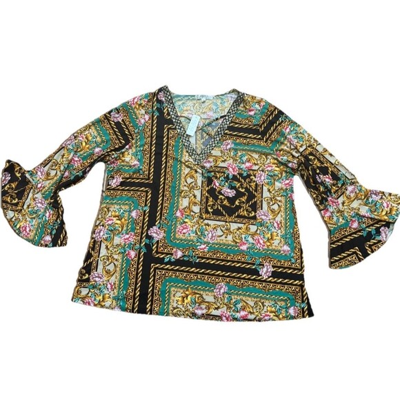 NWT Purple Rain bellsleeve Floral Print Sequin Beaded Neckline Boho Chic Tunic3X - Picture 5 of 6